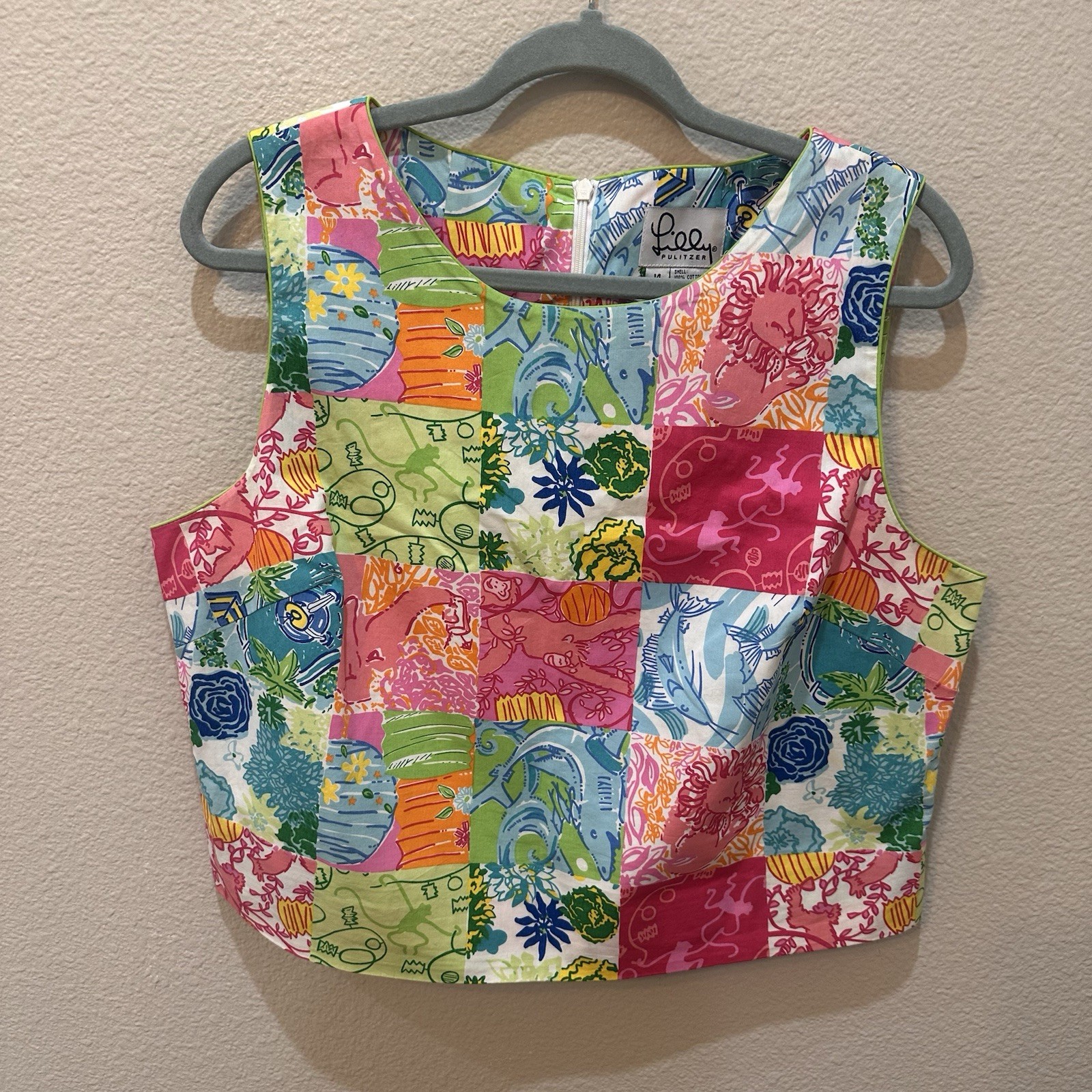 Lilly Pulitzer Vtg White Label Patchwork Novelty Print Tank Top 14 Monkey Pink