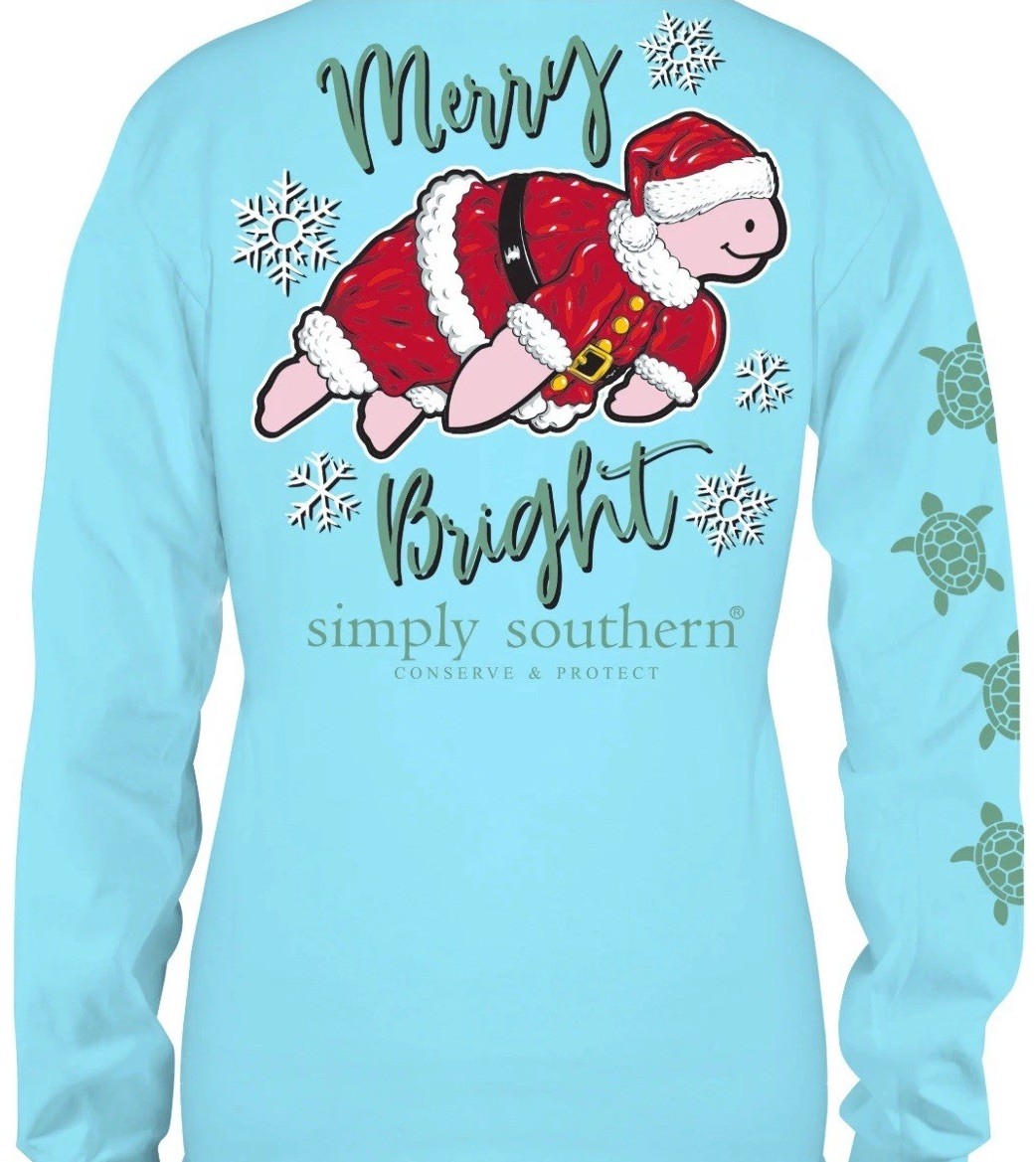 Simply Southern Merry Bright Santa Turtle Long Sleeve Tshirt Medium NWT