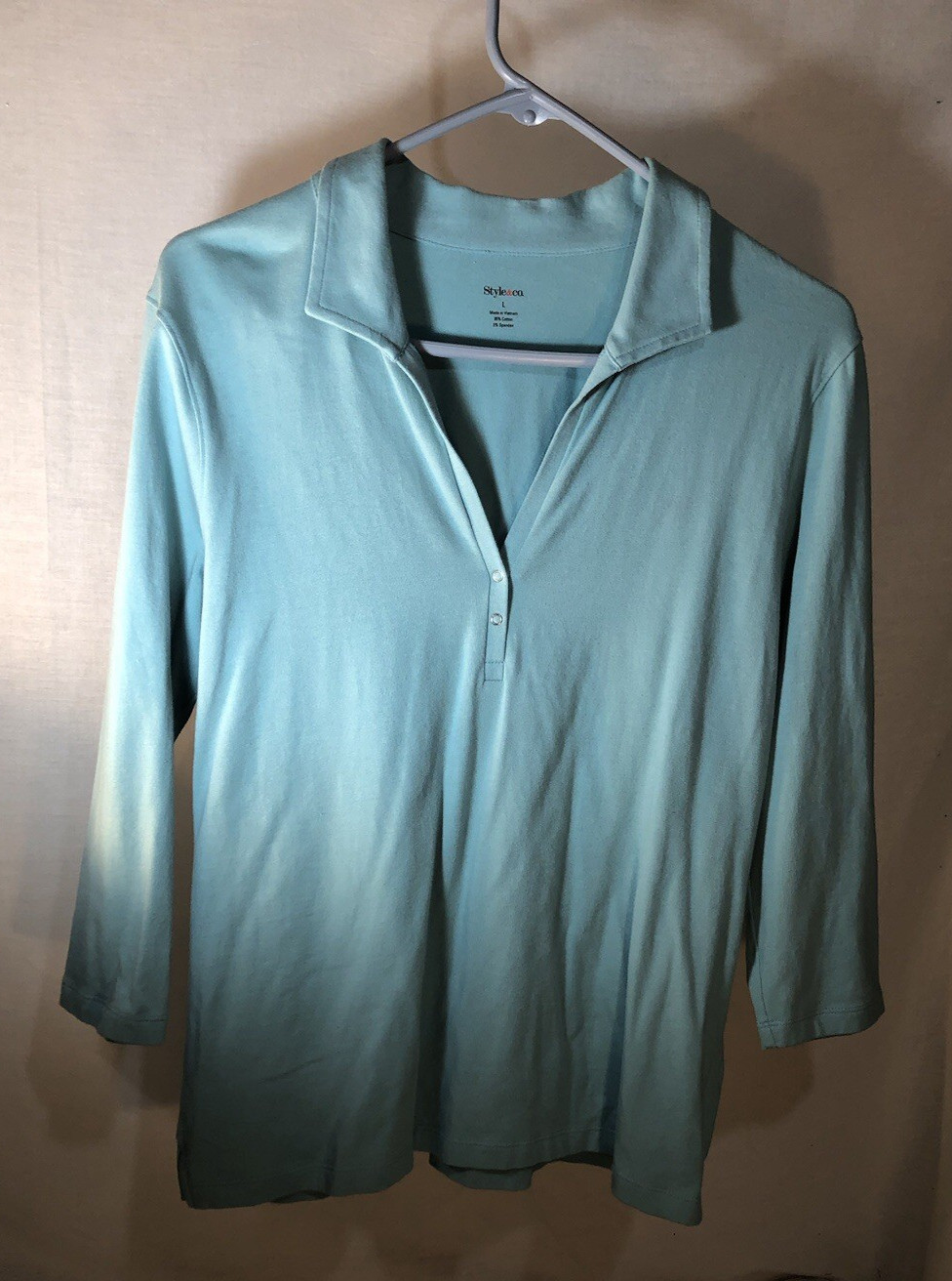 Style & Co. Polo Shirt Woman L 3/4Sleeve Light Blue 95% Cotton 5%Spandex