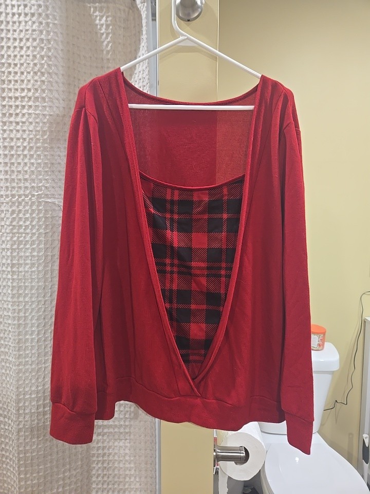 Shein 1XL Red And Black Checkered Layered Long Sleeve Top