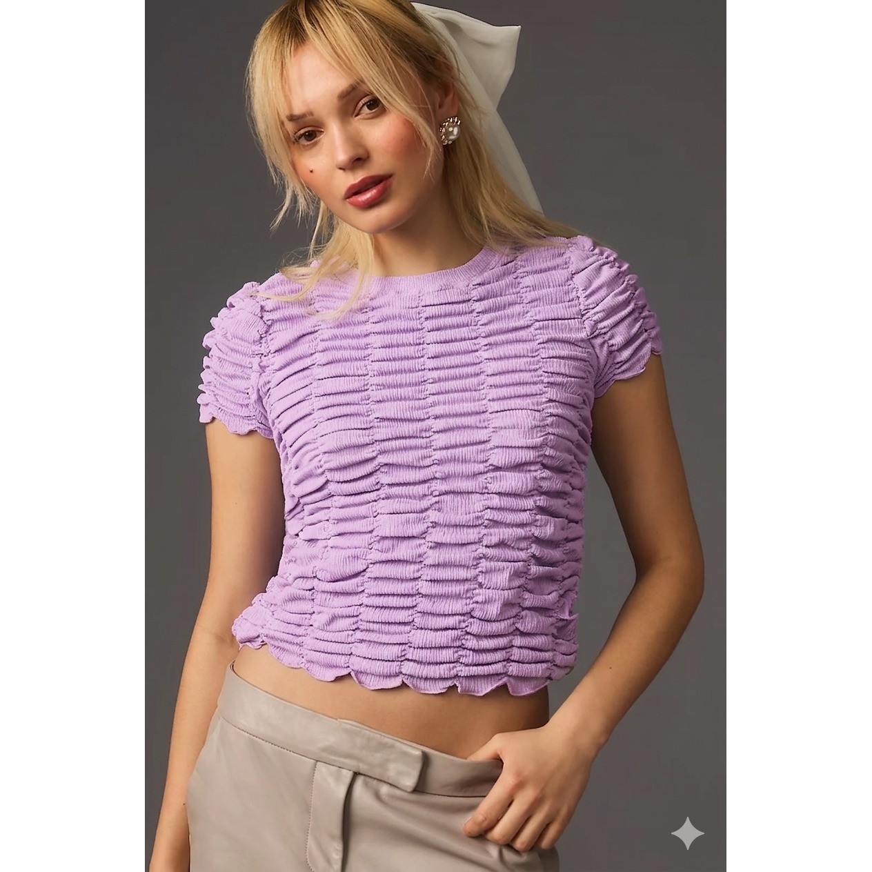 Anthropologie Ruched Baby Tee Top M Textured Smocked Y2K Coquette Dainty Girly