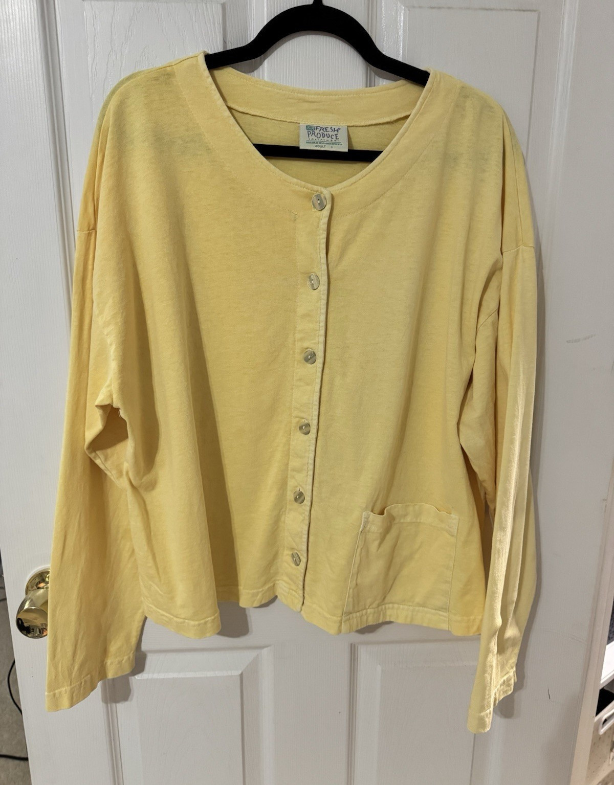 VTG Fresh Produce Butter Yellow 100% Cotton Cardigan L Made in USA Cottagecore