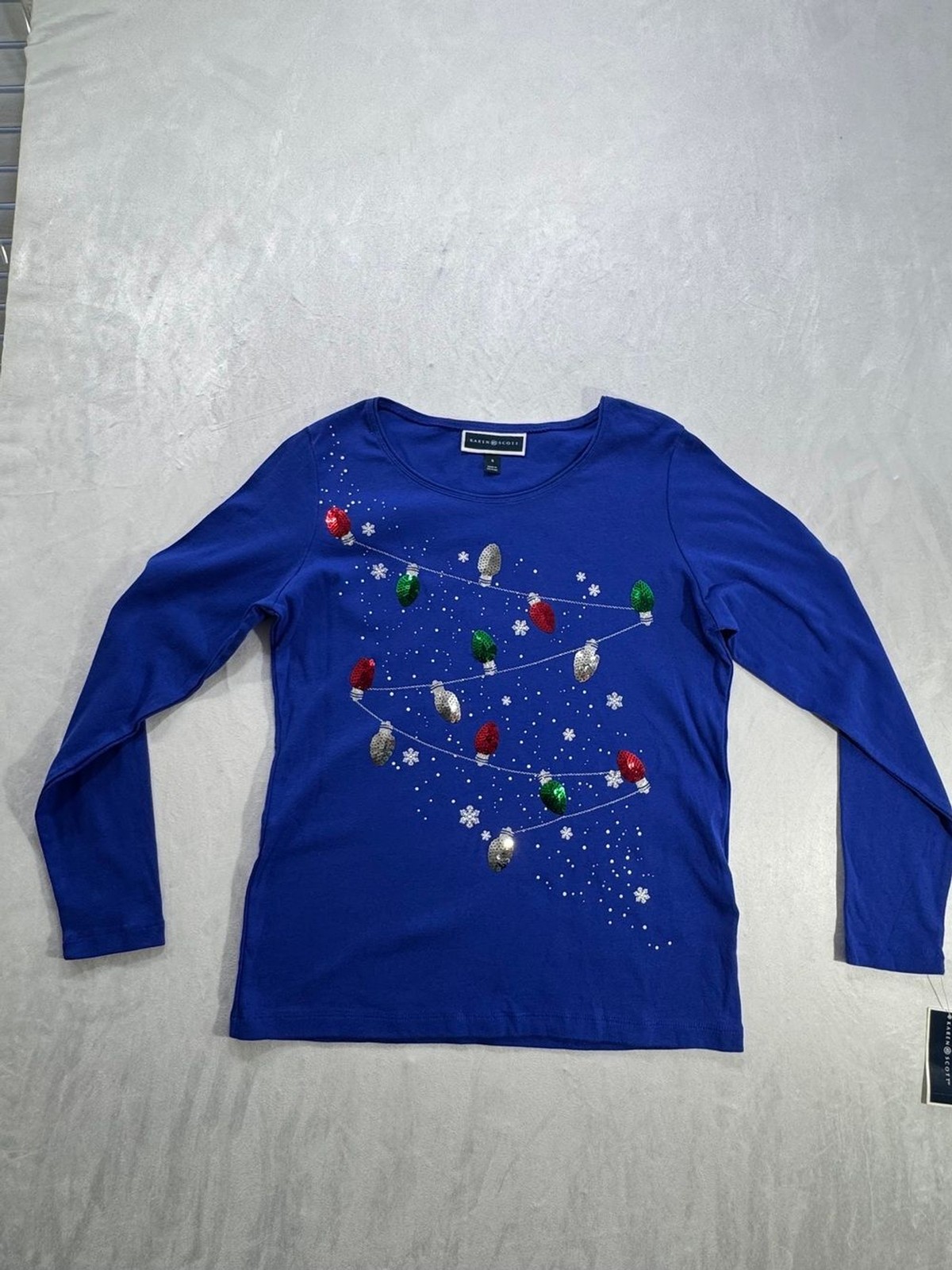 Karen Scott Whimsy Tee Sz S Blue Sequin Christmas Lights NWT