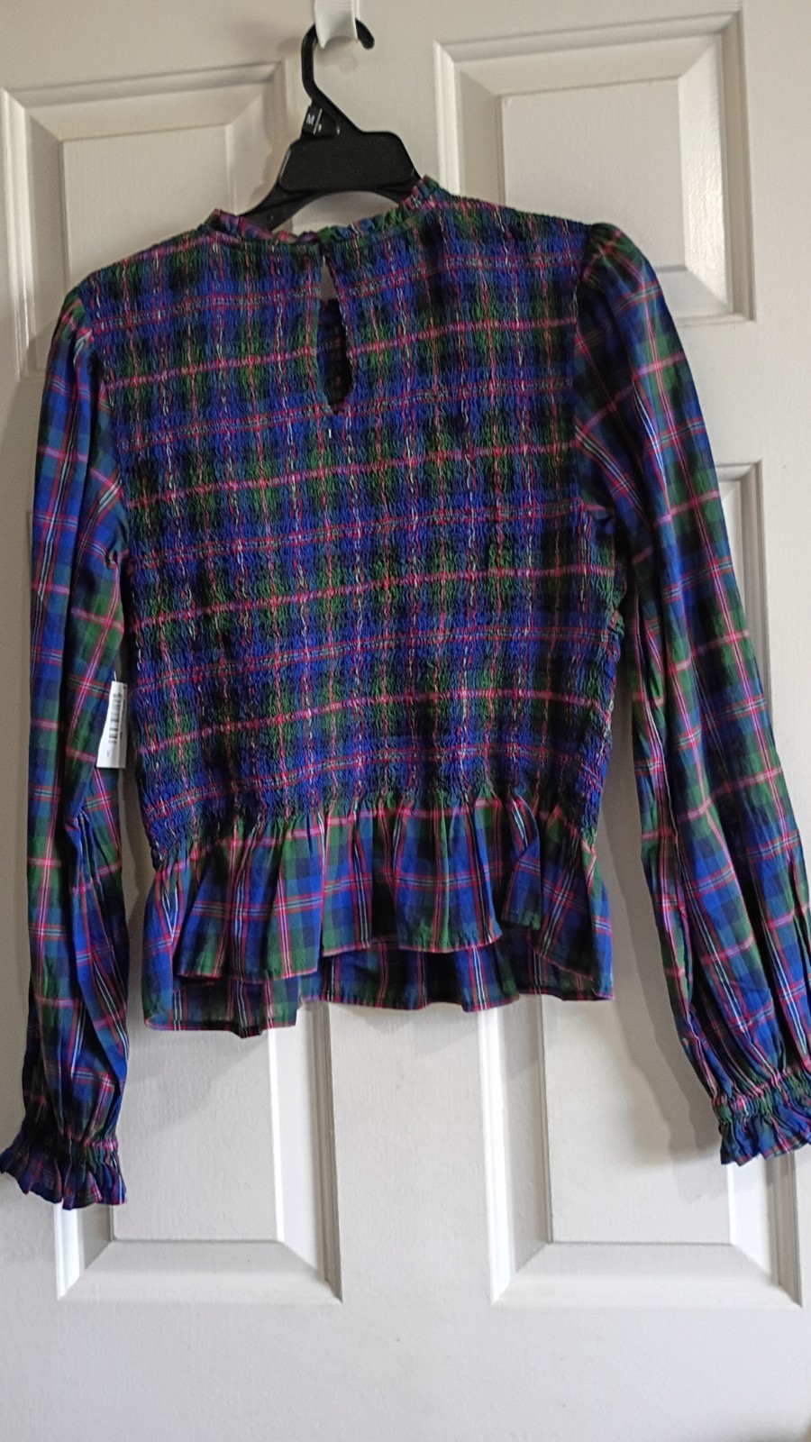 Old Navy Women’s Plaid Peplum Blouse M Blue/Green/Red Round Neck Button