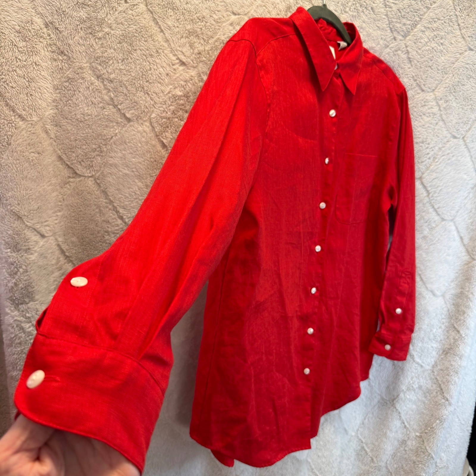 Red 100% Linen Old Money Button Up Shirt Classic Coastal Long Sleeve Collared L