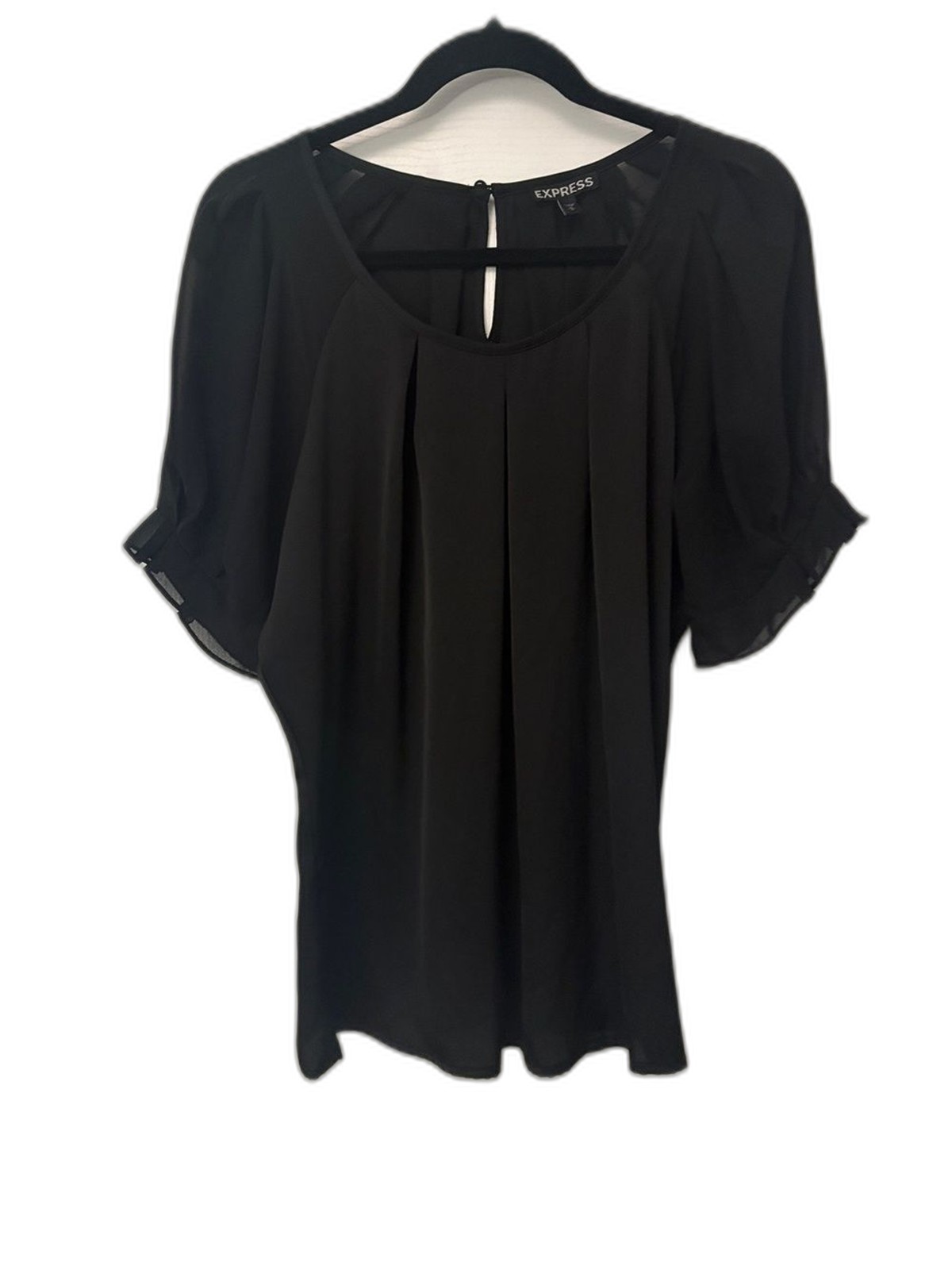Express Black Pleated Ruffle Short Sleeve Keyhole Back Blouse Top Size M