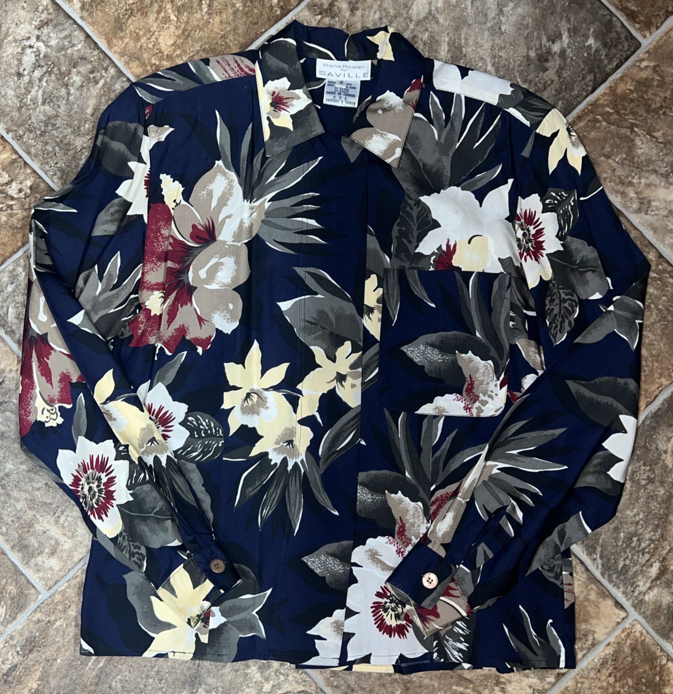 Rena Rowan for Saville VTG Floral Button Down Shirt Sz 8 Tropical Long Sleeve
