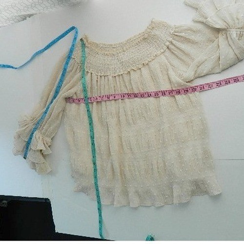By Together Blouse Womens Medium Cream Swiss Dot Smocked Ruffle Bell Sleeve Boho