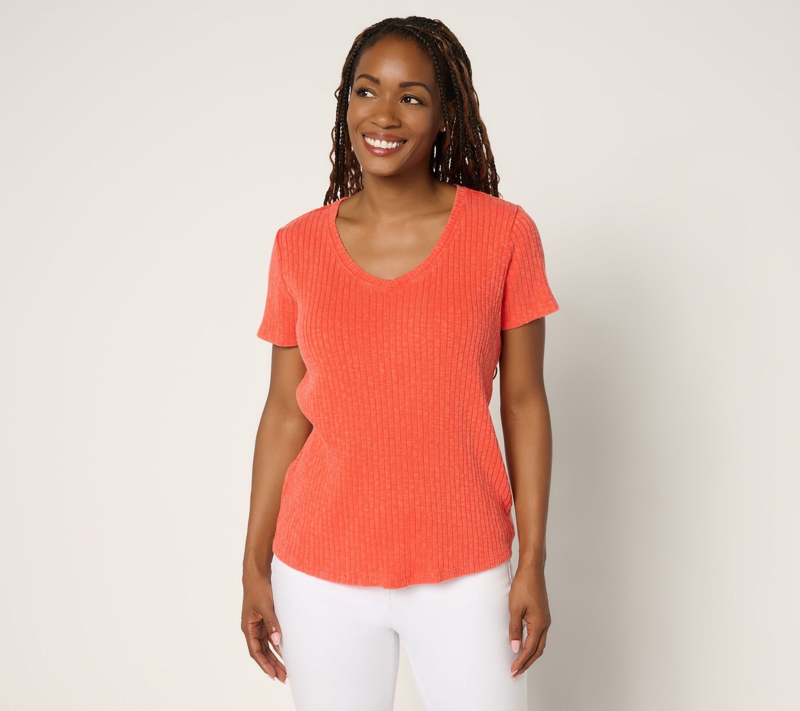 Peace Love World Women’s Top Sz L Curved V-Neck Short Sleeve Tee Chianti A685152