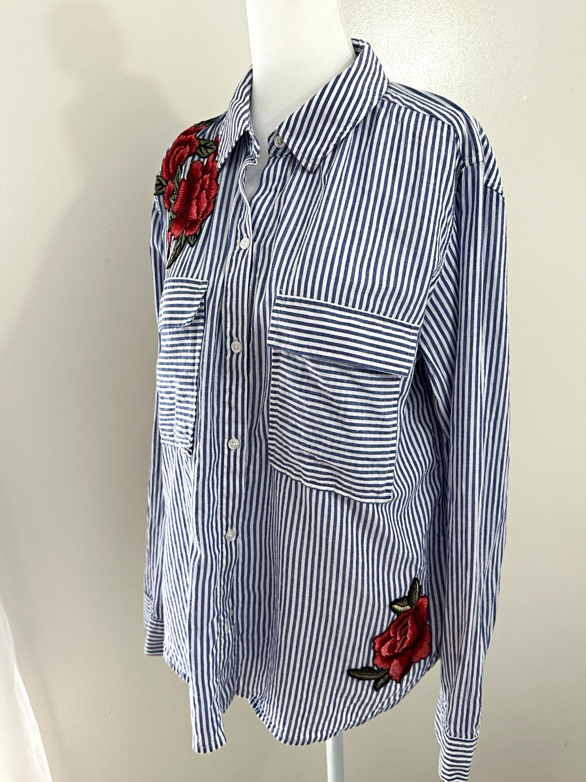 Rails Women’s Woven Striped Collared Button-Up Rose Embroidery Pockets M