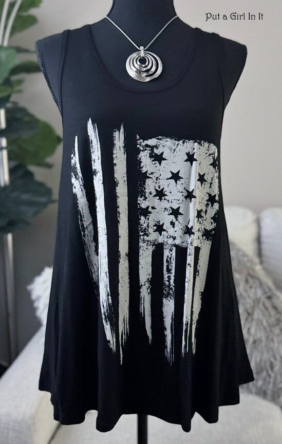 USA VOCAL Womens BLACK WHITE AMERICAN FLAG SWING A LINE TANK TOP SHIRT S M L XL