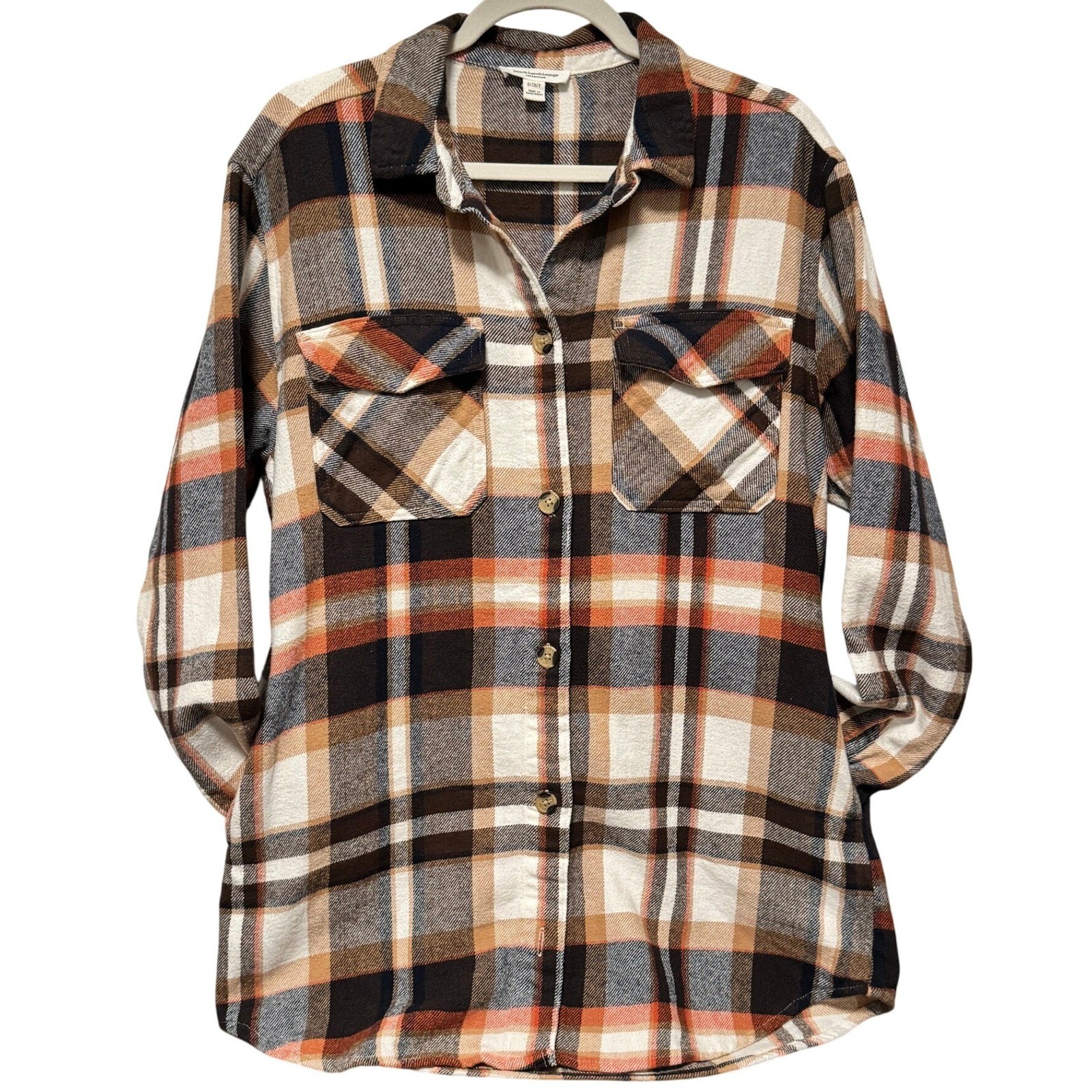 Womens Plaid Flannel Shirt Jacket BeachLoungeLunch Orange Brown White