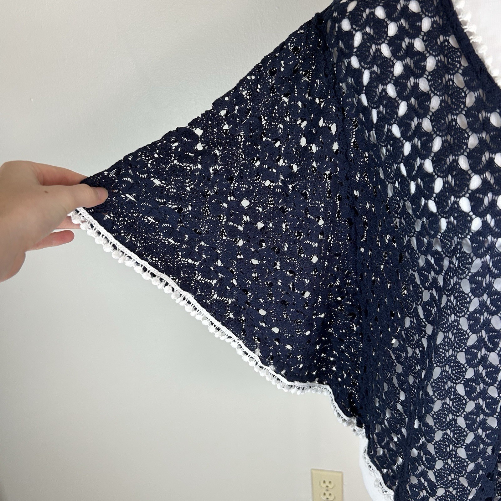 Crochet S/m Top Kimono Cover Up Navy White Lace Trim Sheer Open Knit Beach