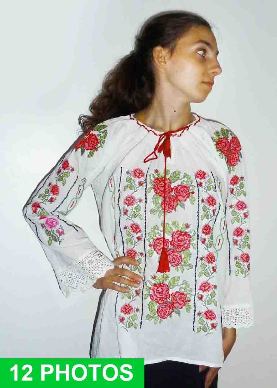Romanian Embroidered Folk Peasant Ethnic Boho Blouse 54″ around L=27″ + 2 apron
