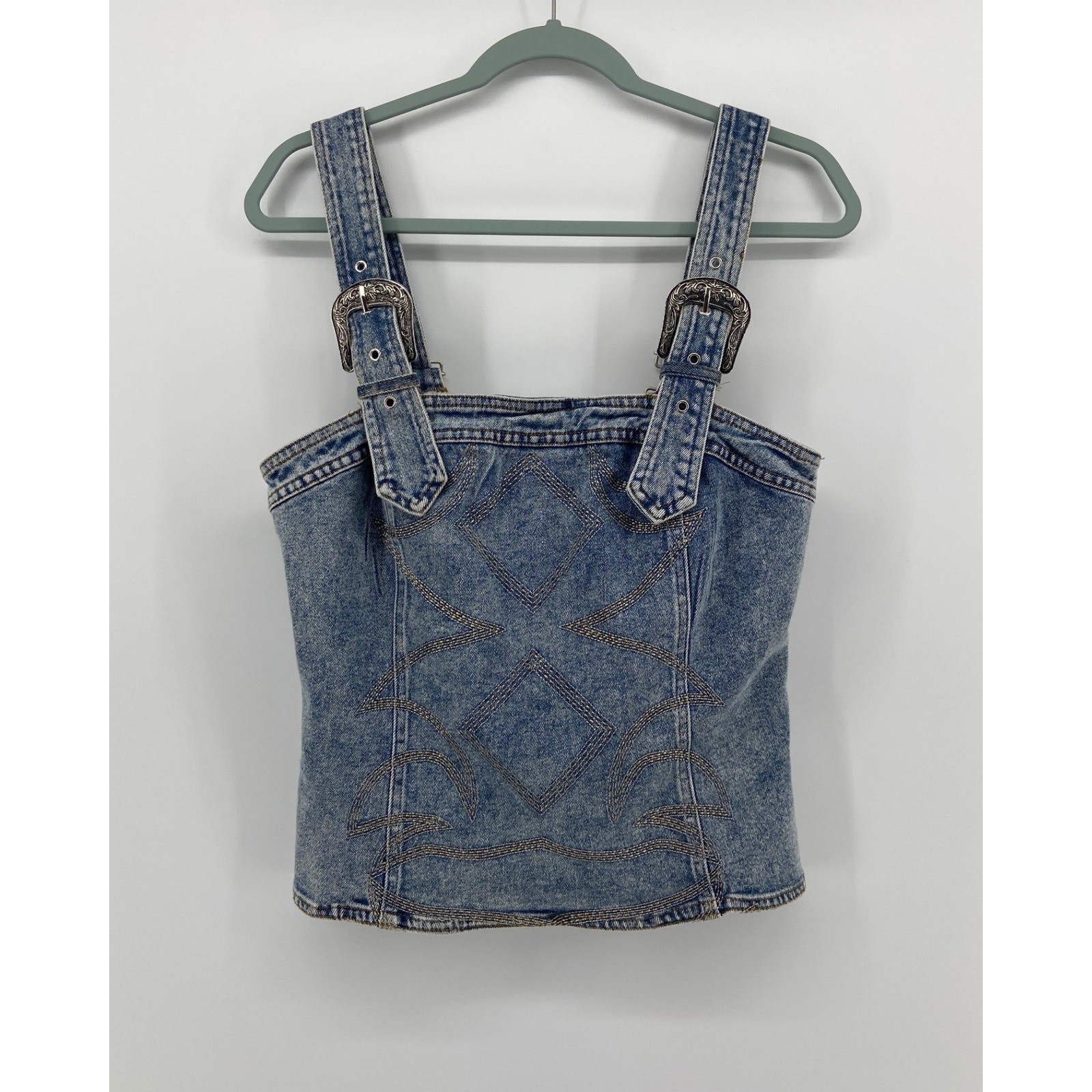 Blue B Collection Denim Corset Top Western Buckle Strap Acid Wash Blue Medium