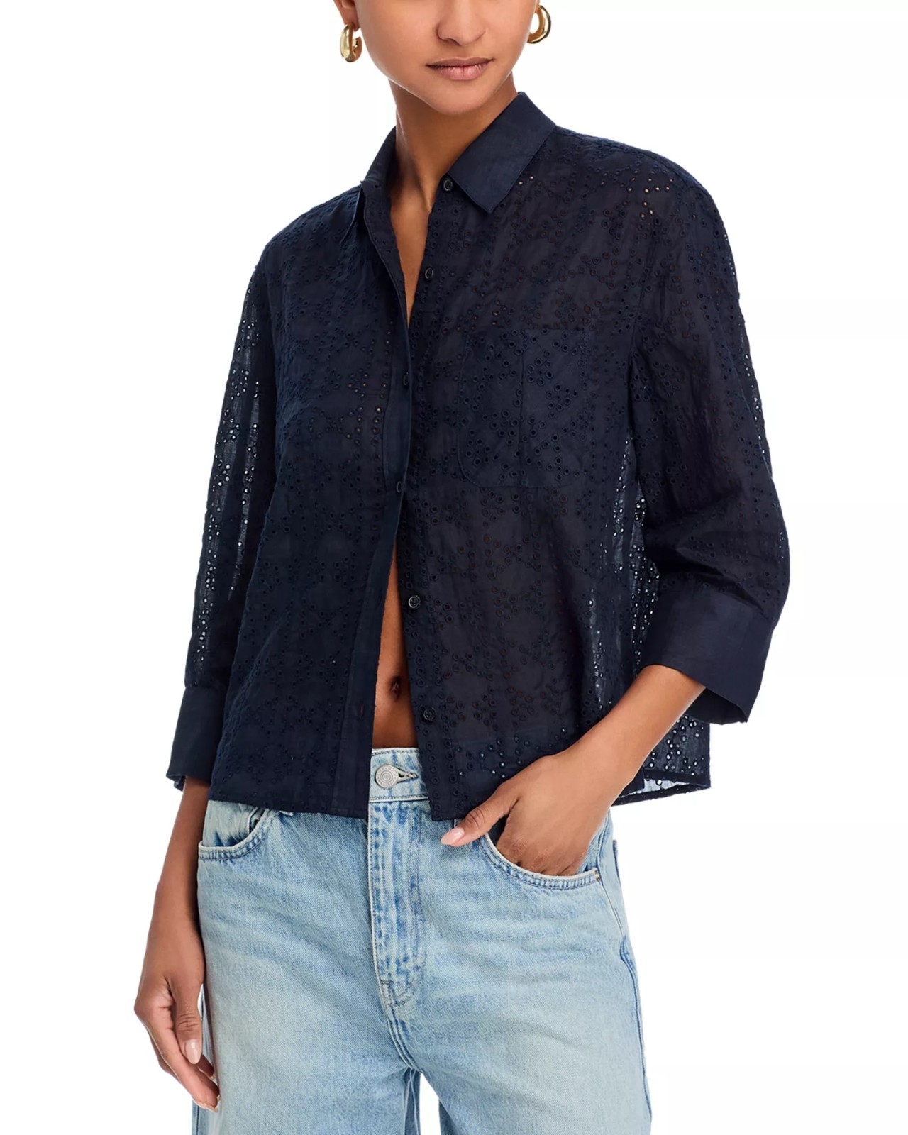 278$ Rag & Bone Lucia Embroidered Front Button Shirt Short Sleeves Size XS Navy
