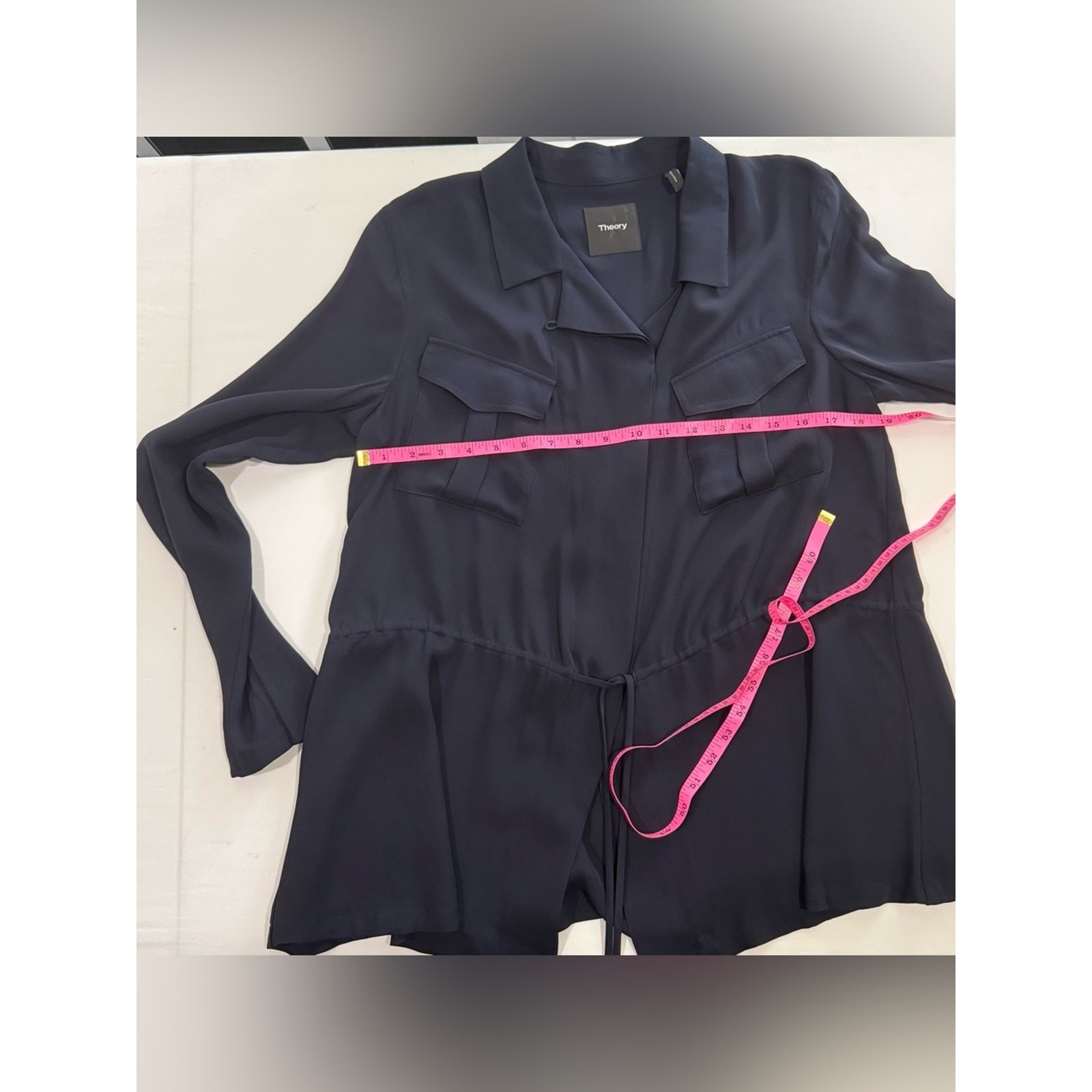 Theory Navy Silk Utility Pocket Tie Waist Blouse Top Size L