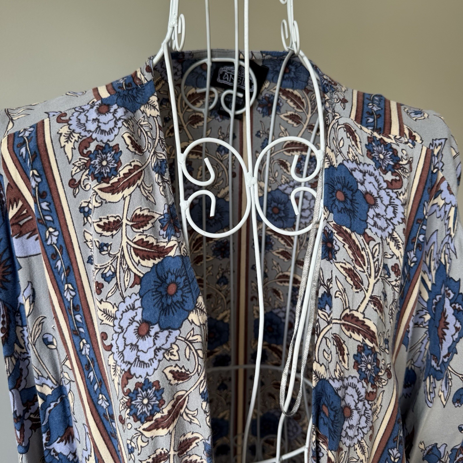 Angie Boho Floral open front Kimono Cardigan M Blue Cream Paisley Duster Wrap