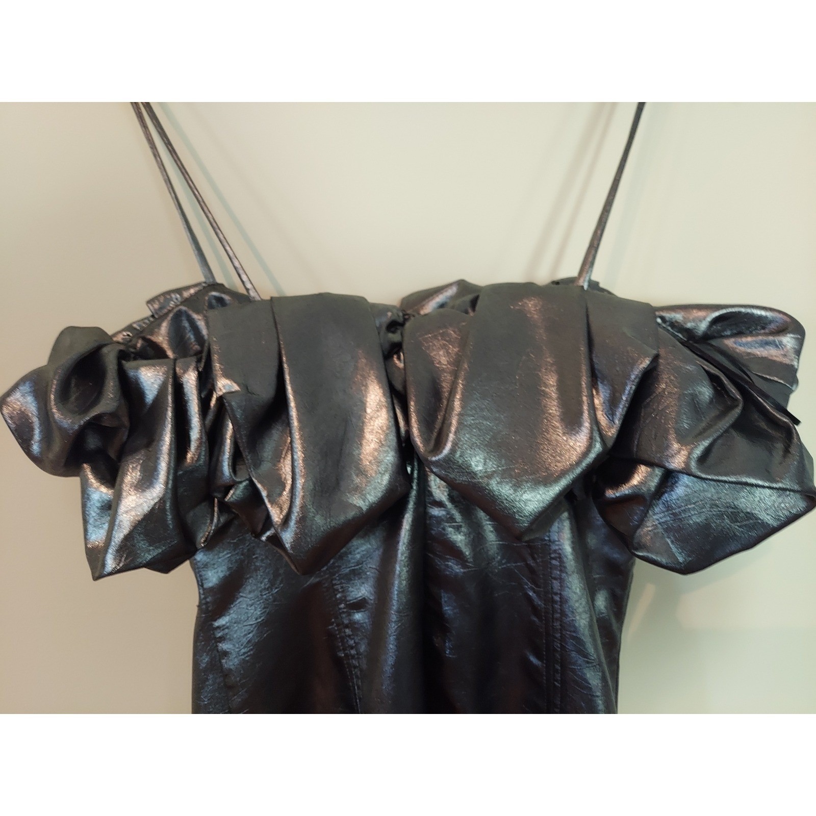 Zara Womens Top Size Small Metallic Silver Faux Leather Ruffle Spaghetti Strap