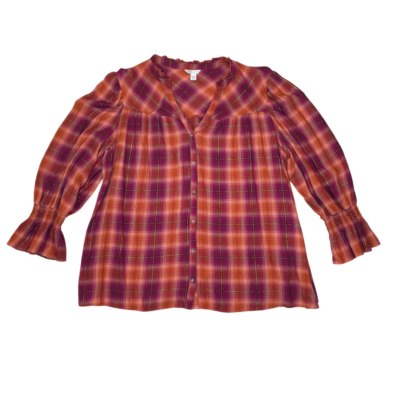 Cato Womens Plaid Button-Down Top With Ruffle Trim 18/20W Rayon Blend Blouse