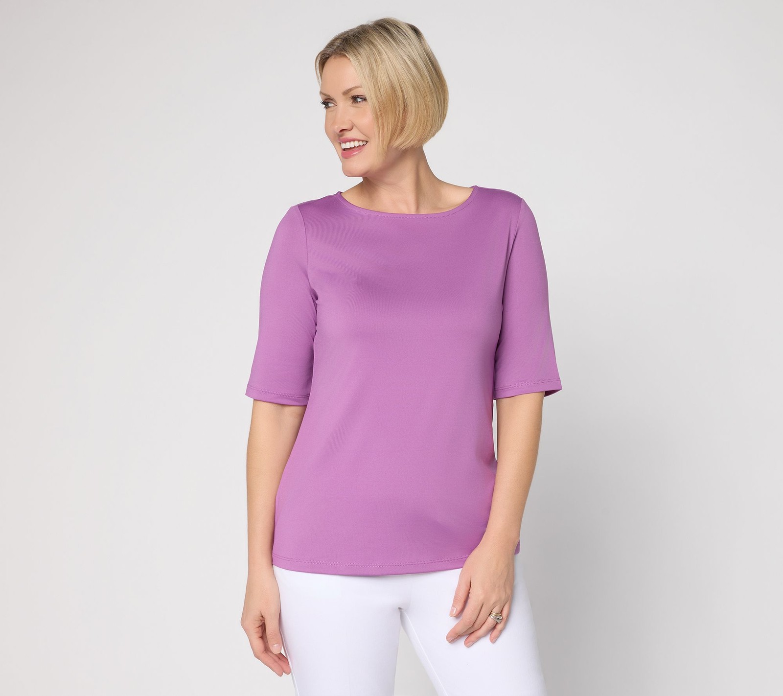 Susan Graver Essentials Butterknit Elbow Sleeve Bateau Neck Top Lavender Orchid