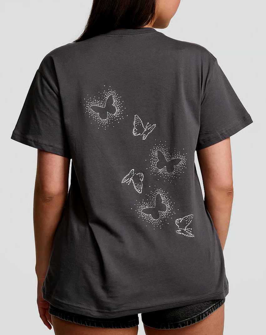 Victoria’s Secret Pink Bling Rhinestone Butterflies SS Campus Tee Shirt Gray L