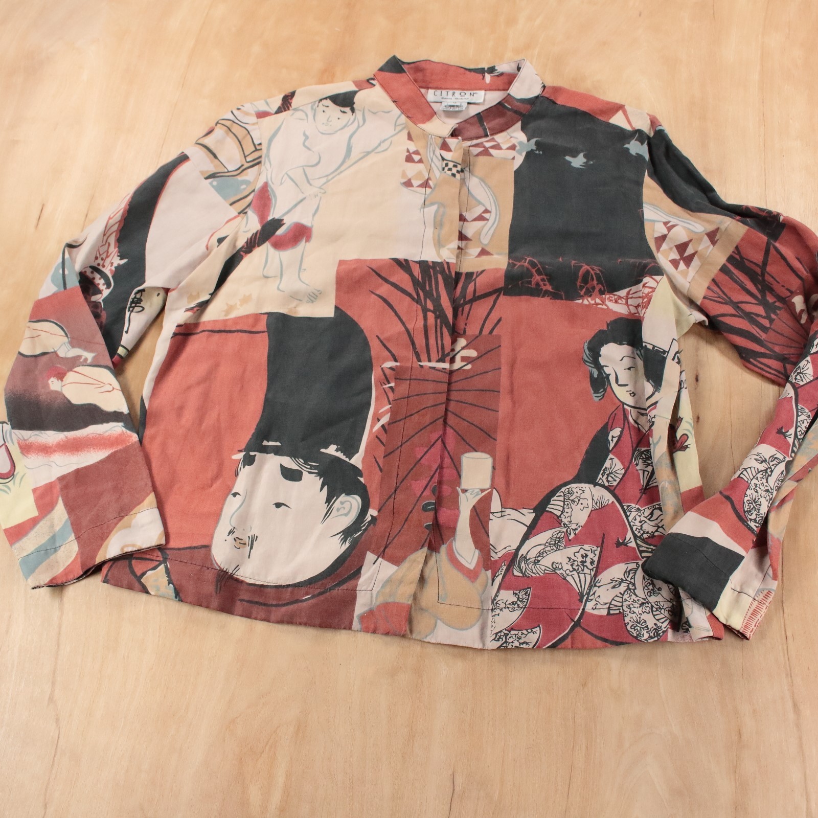 vtg 90s y2k CITRON Santa Monica Japanese aop silk linen shirt blouse top MEDIUM