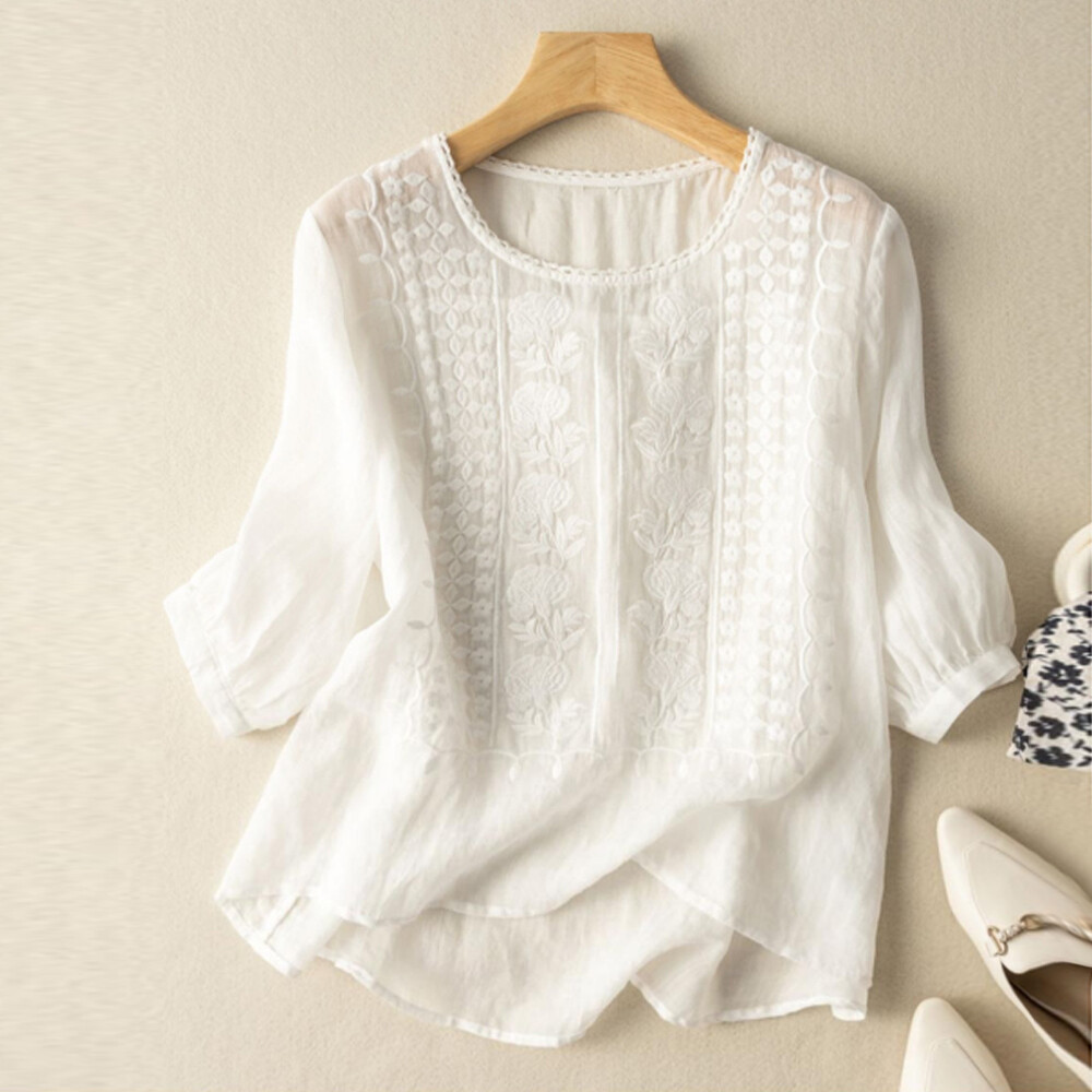 Women Floral Embroidery Crochet Tops T Shirt 3/4 Sleeve Casual Tee Shirts US