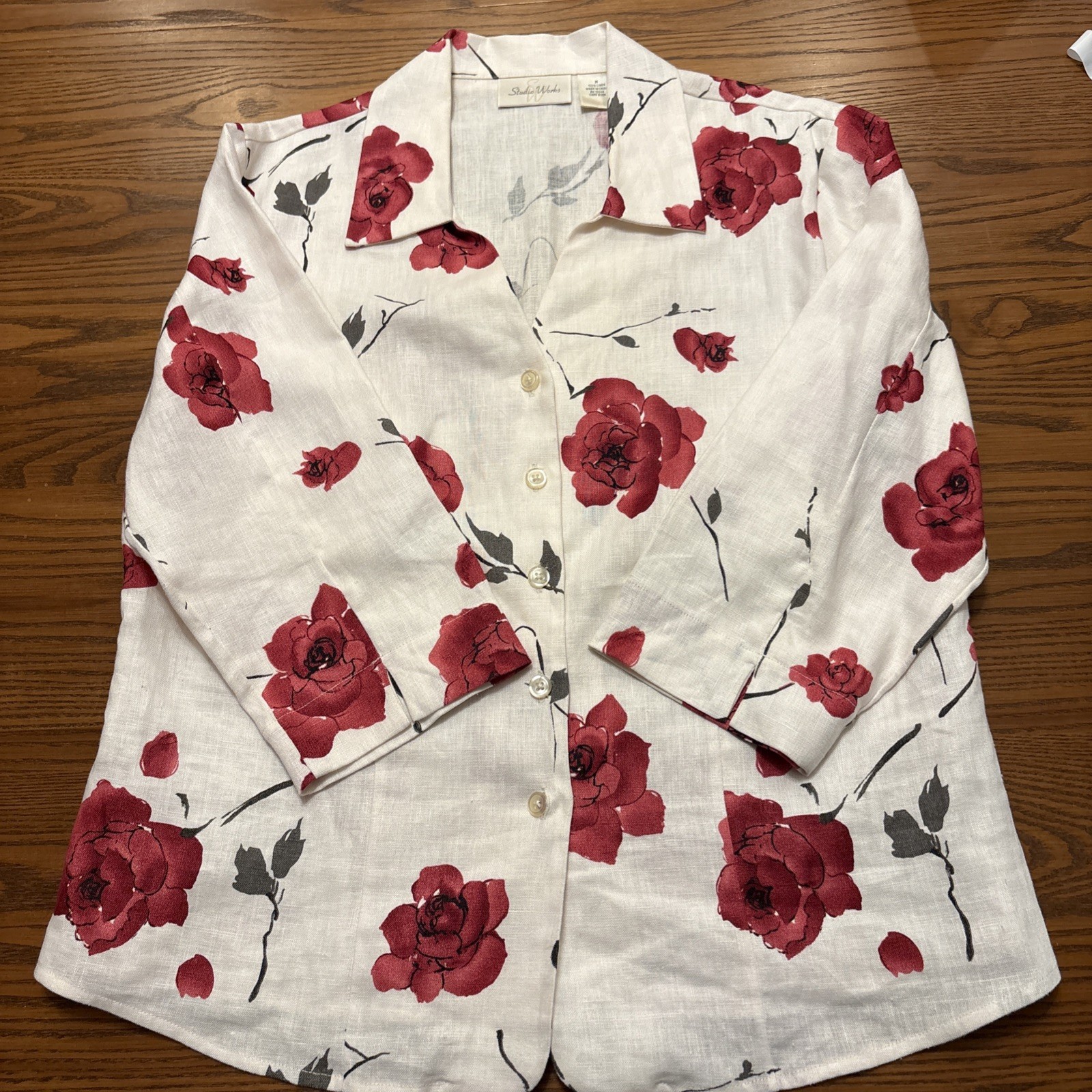 Studio Works Linen Floral Rose Button Down Shirt Size M Flaw READ