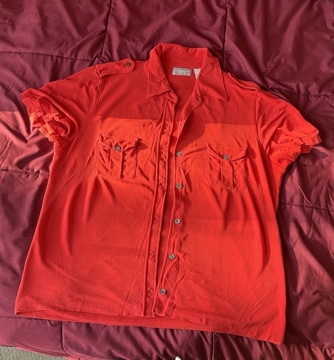 Red 100% silk button-up with front pockets and cute button detailing
