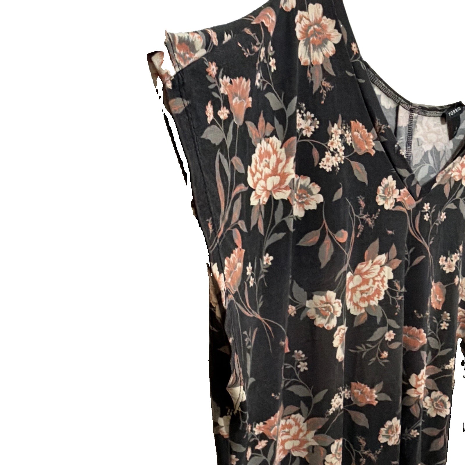 Torrid Floral V Neck Top Size 4 Black Peach Short Sleeve Pullover Blouse