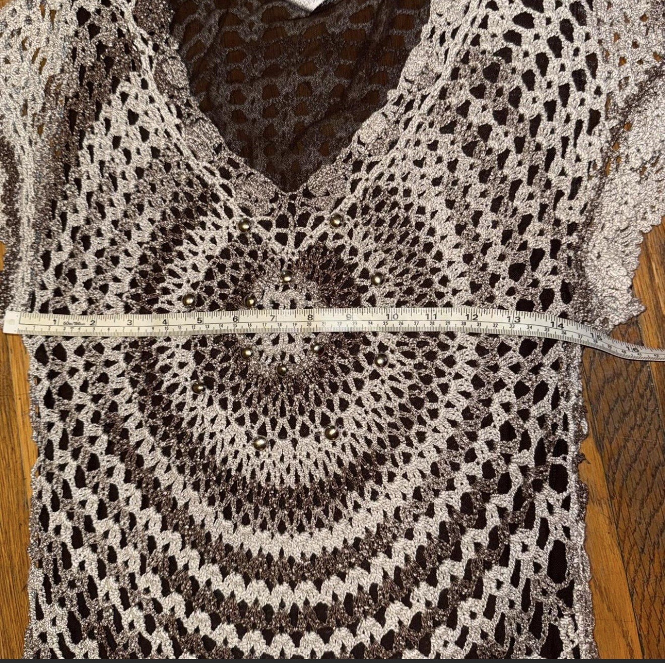 Vtg Y2K Alberto Makali Crochet Knit Mesh Layered Top Brown Metallic Medallion M