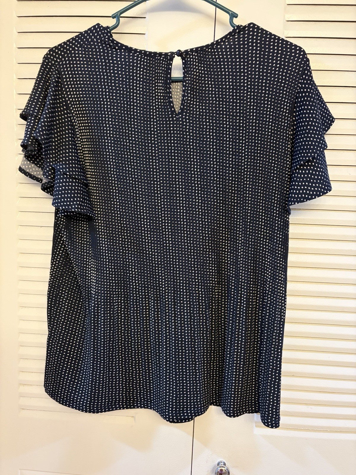 Adrianna Papell Navy/White Polka Dot Round Neck Ruffle Sleeve Blouse, M
