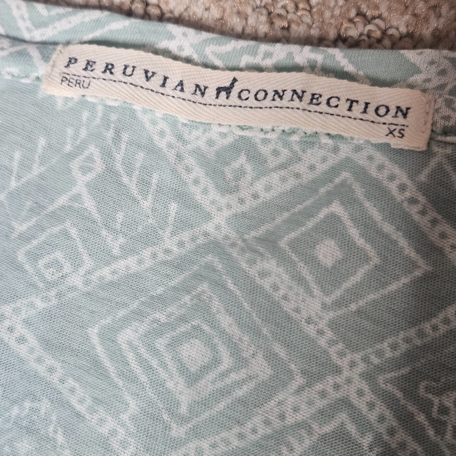 Peruvian Connection 3/4 Sleeve Green Geometric Top Women’s XS Pima Cotton Peru