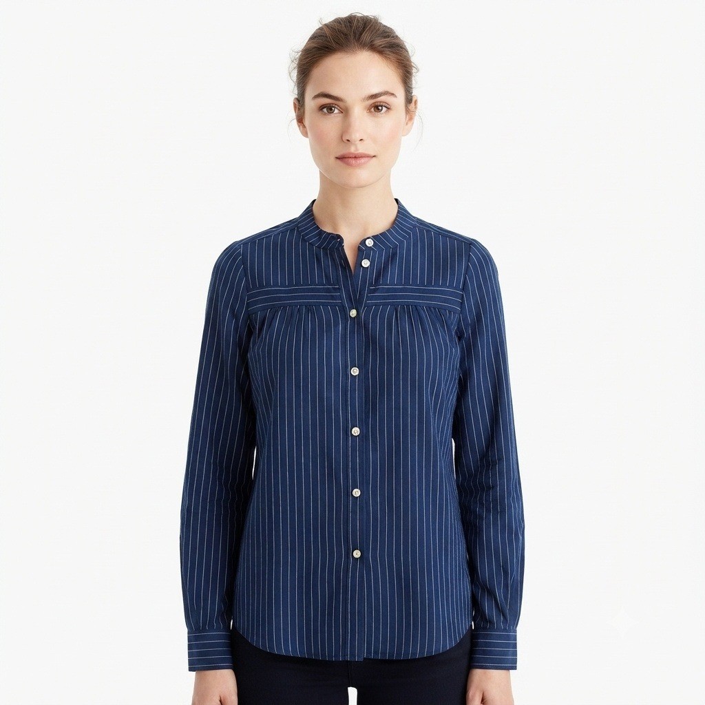 LOFT Blouse Womans M Navy Blue Pinstripe Band Collar Button Down 100% Cotton