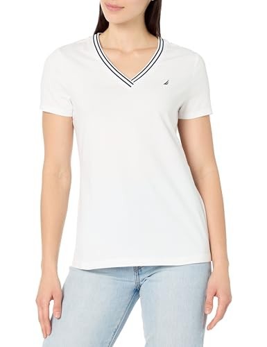 Nautica Jeans Women’s Solid Stripe-Trim V Neck White L