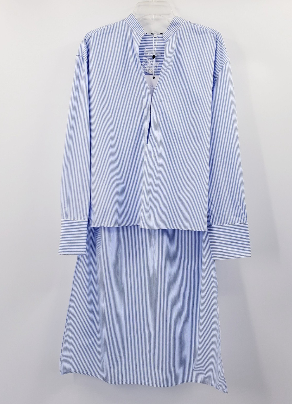 L’Academie High Low Popover Shirt Women M Blue White Stripe Long Tail Hook Front