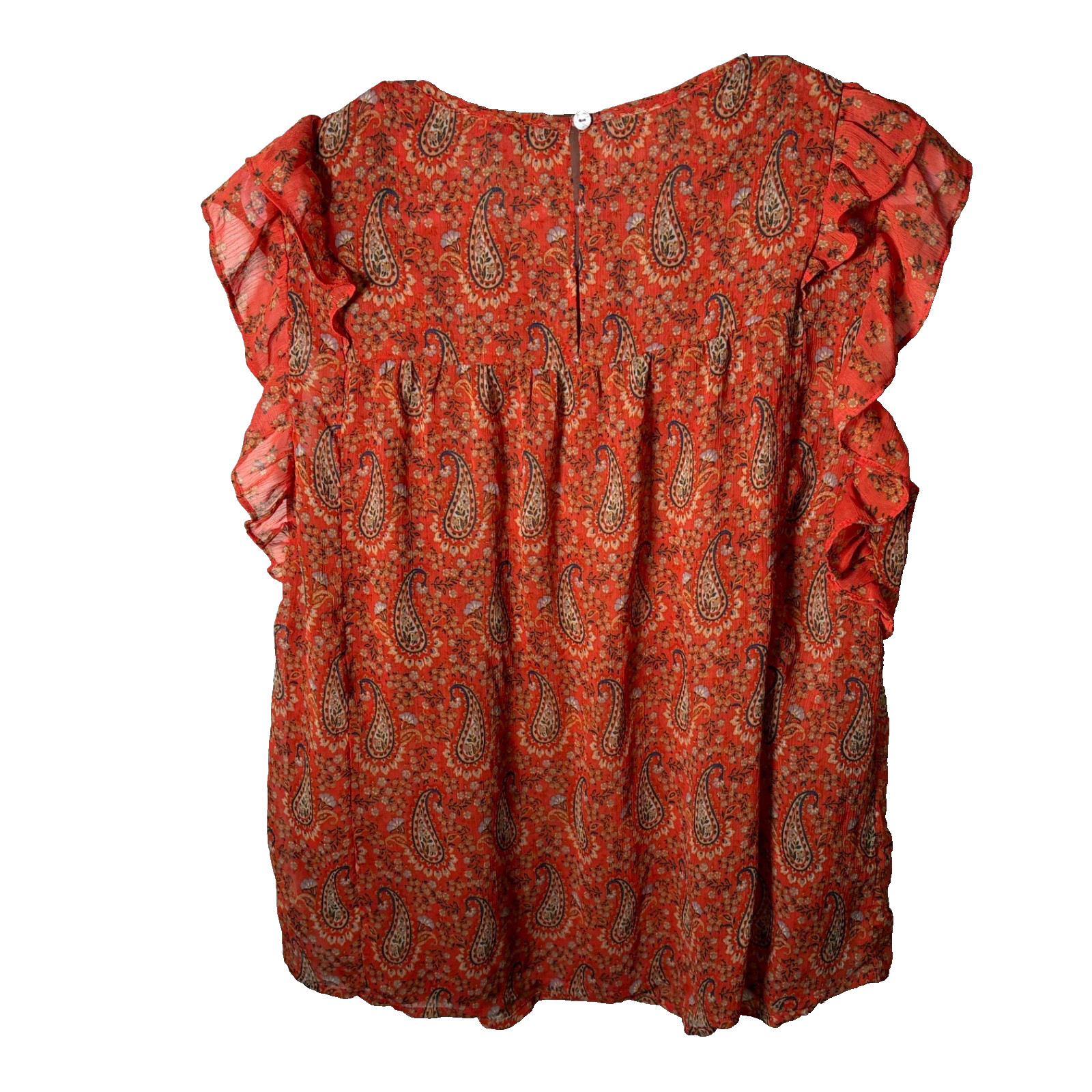Dr2 Blouse Women’s Large Ruffle Short Sleeve Sheer Printed Paisley Top