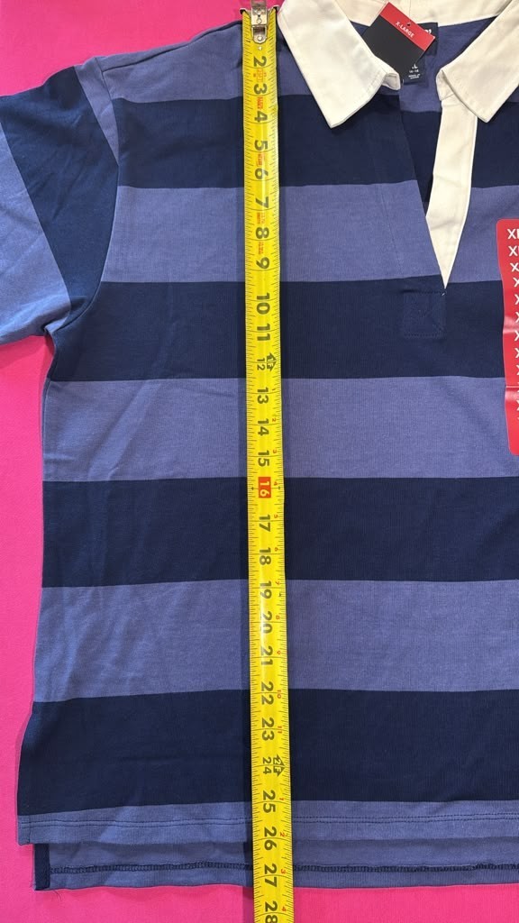 Lands’ End Rugby Shirt Navy Blue Stripe Size XL – Classic Cotton Collared Top