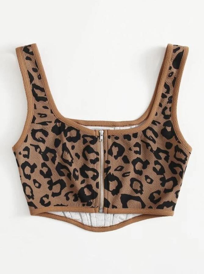 Shein Womens XS US 2 Animal Leopard Print Crop Asymmetric Hem Tank Top Zip Back