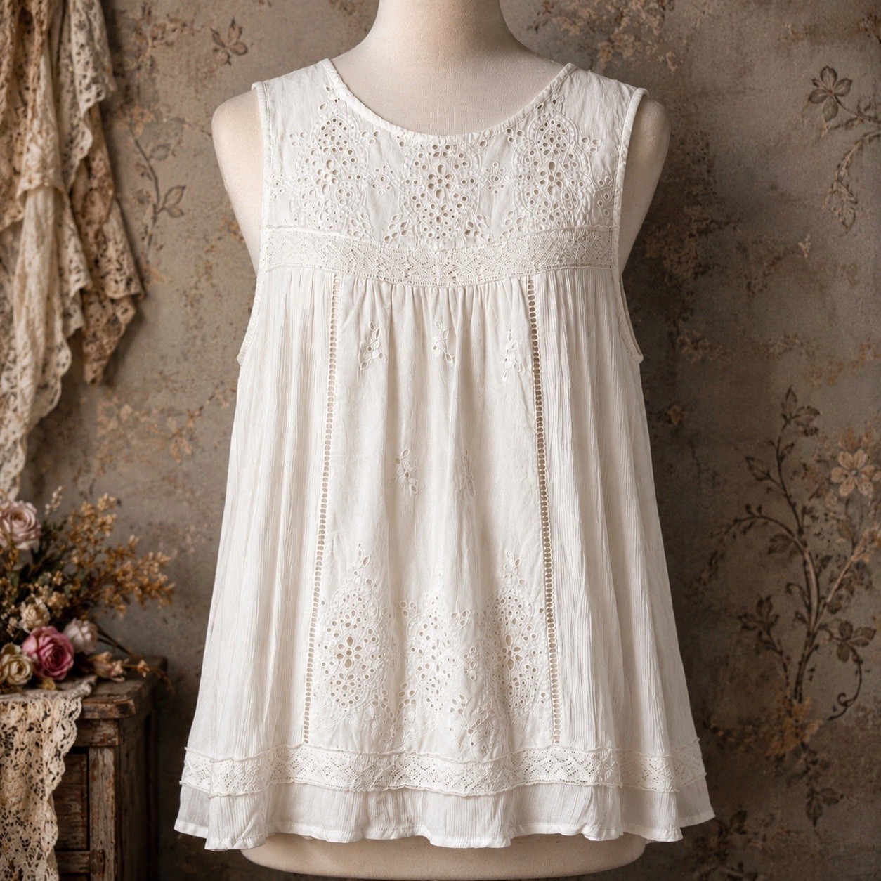 Knox Rose Top Size Medium Boho Cottage Eyelet Embroidered Lace White Victorian