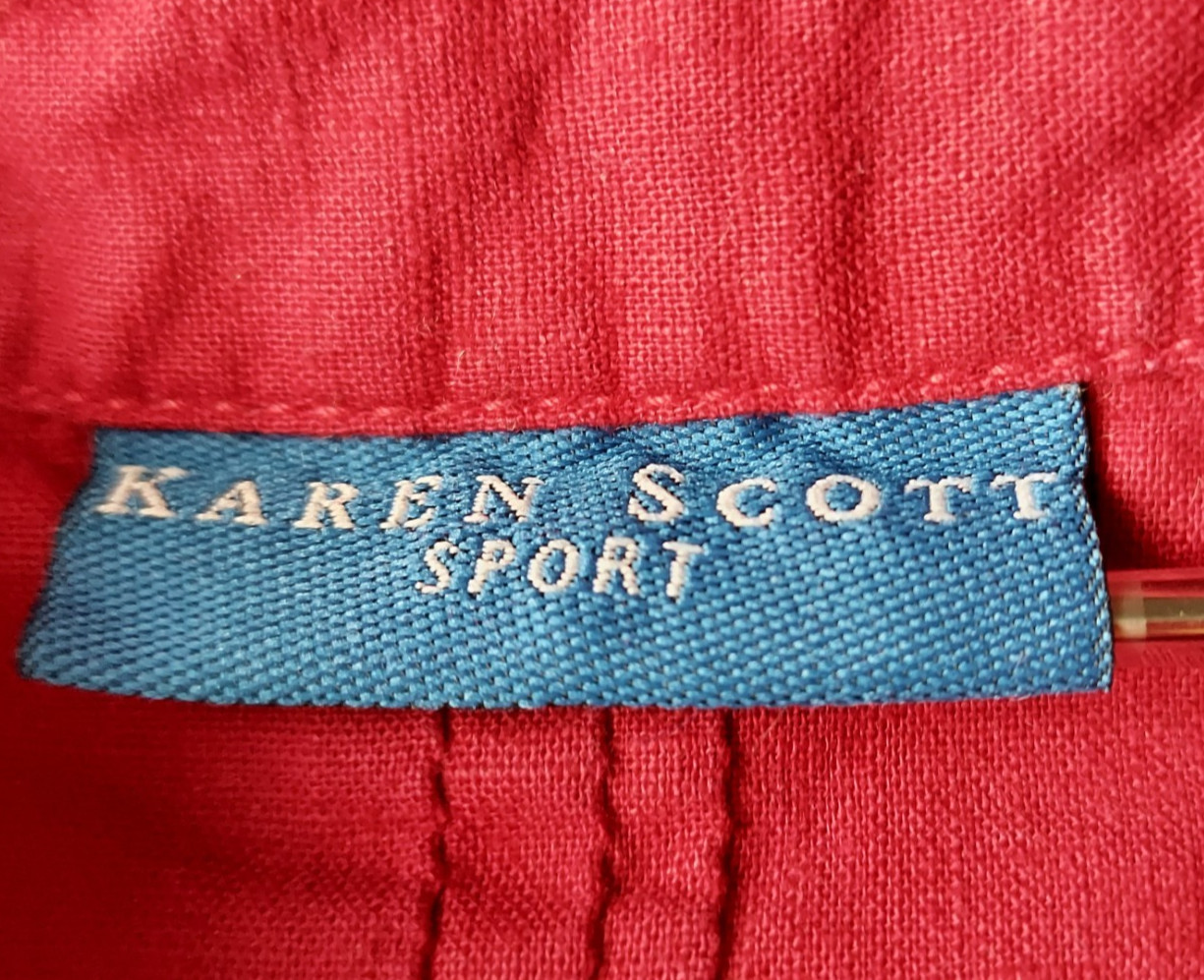 KAREN SCOTT SPORT Button Up Red Shirt LINEN BLEND Roll Tab Long Sleeve Sz Large