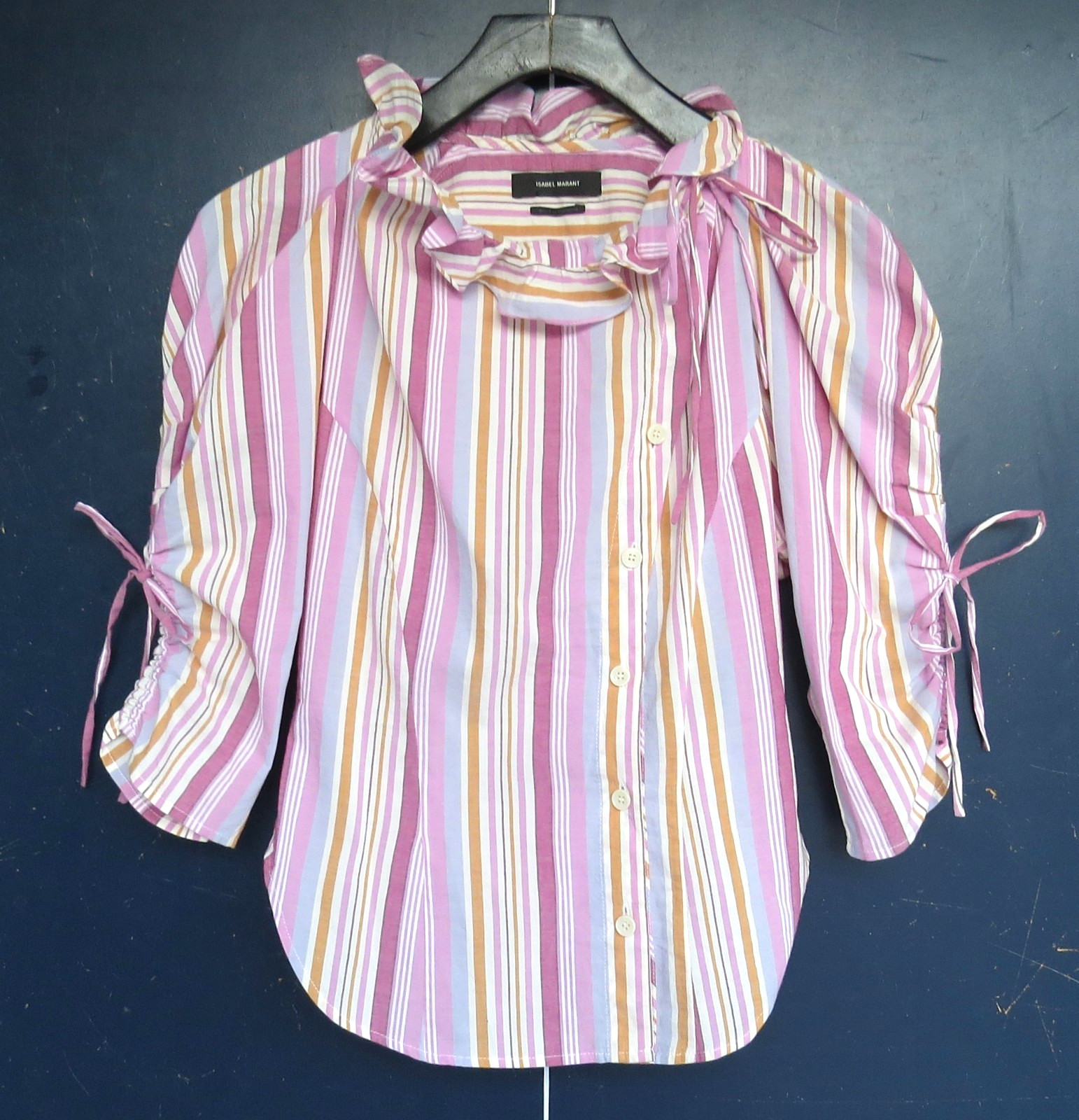 ISABEL MARANT Therese striped pink cotton ruffle shirt FR 34 US 2 XS