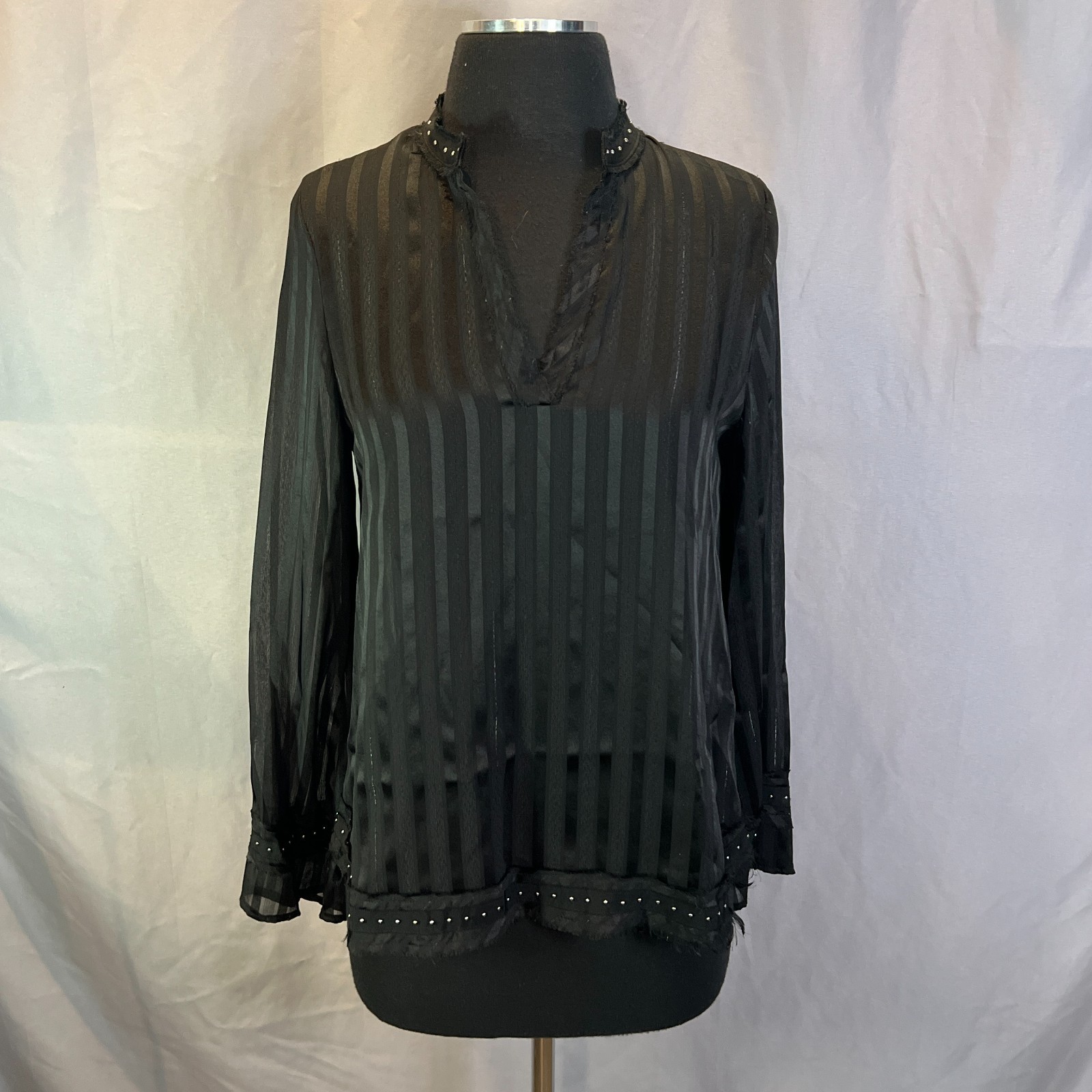 Zara Blouse Top Womens XS Black Vertical Striped Sheer Lightweight Ruffle Trim