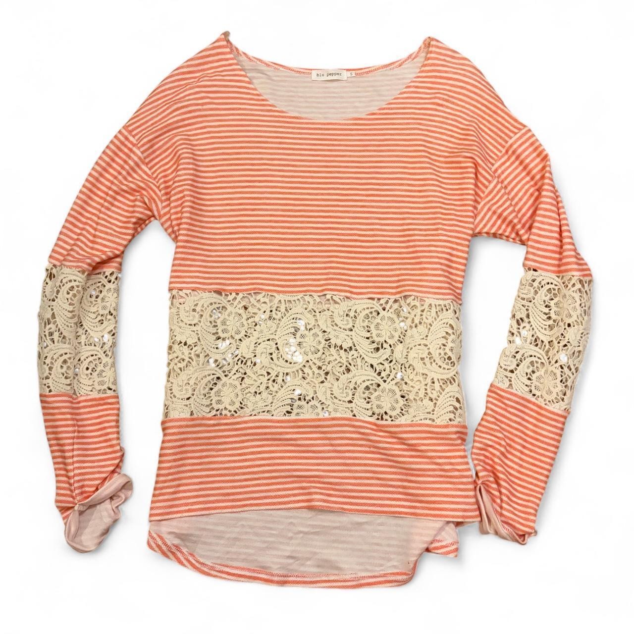 Blu Pepper Coral Red Pink Striped Crochet Cream Lace Top Size S
