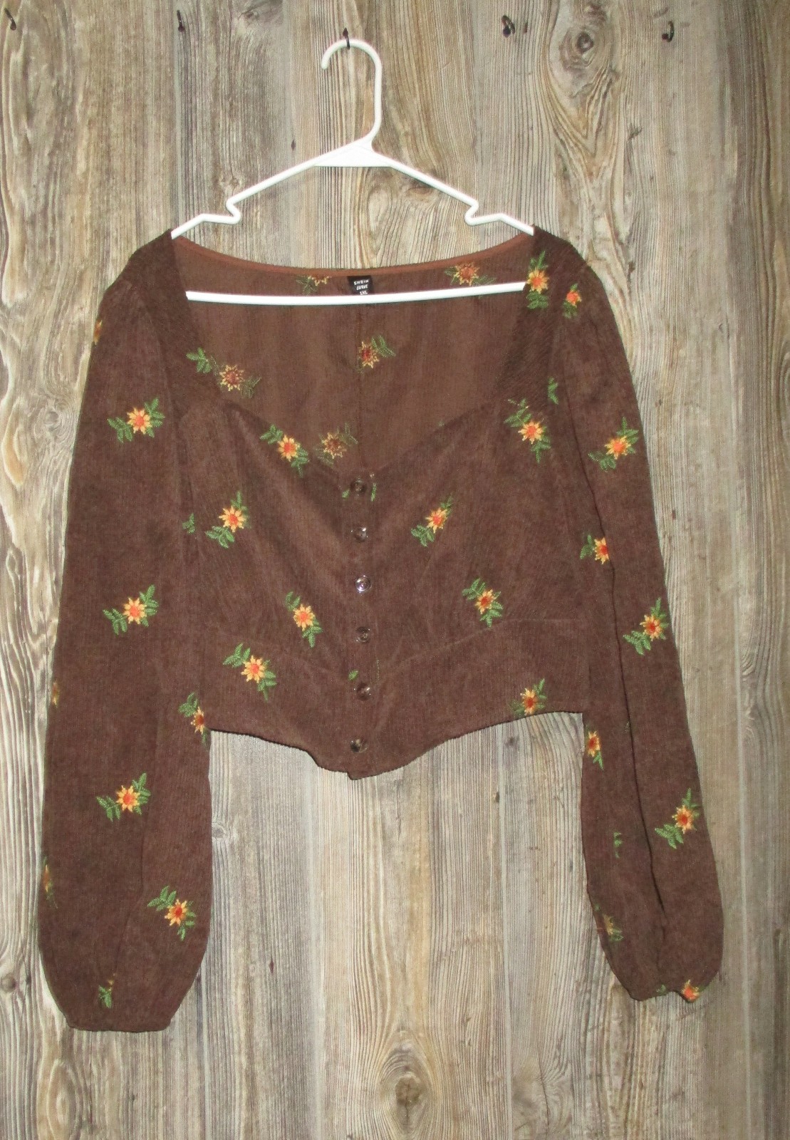 Shein Curve Sz 1XL Brown Corduroy Sunflower Crop Top Hippie Grunge Festival Boho