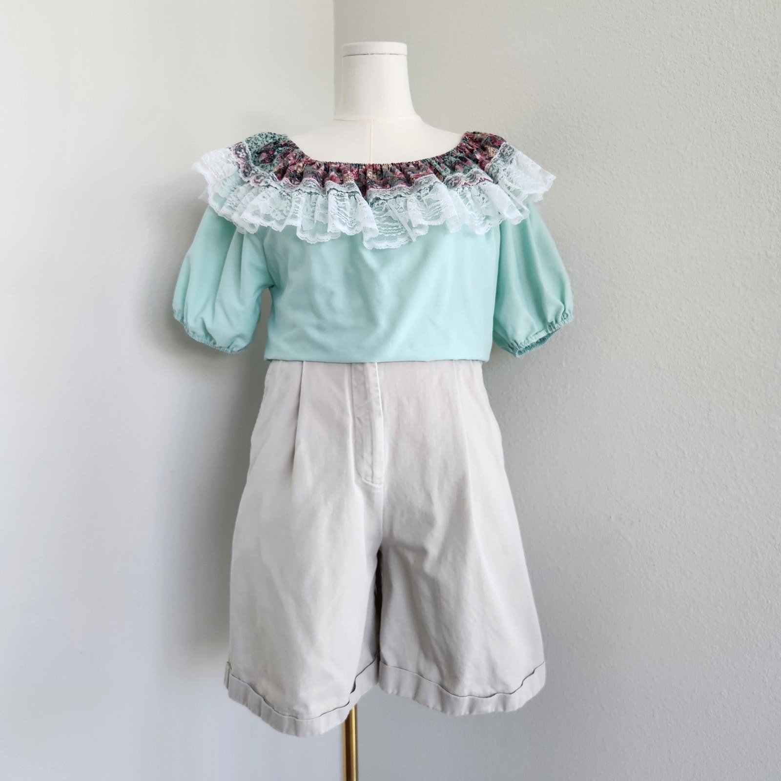 Vintage 70s 80s Mint Floral Lace Ruffle Collar Off Shoulder Blouse Puff Sleeve S
