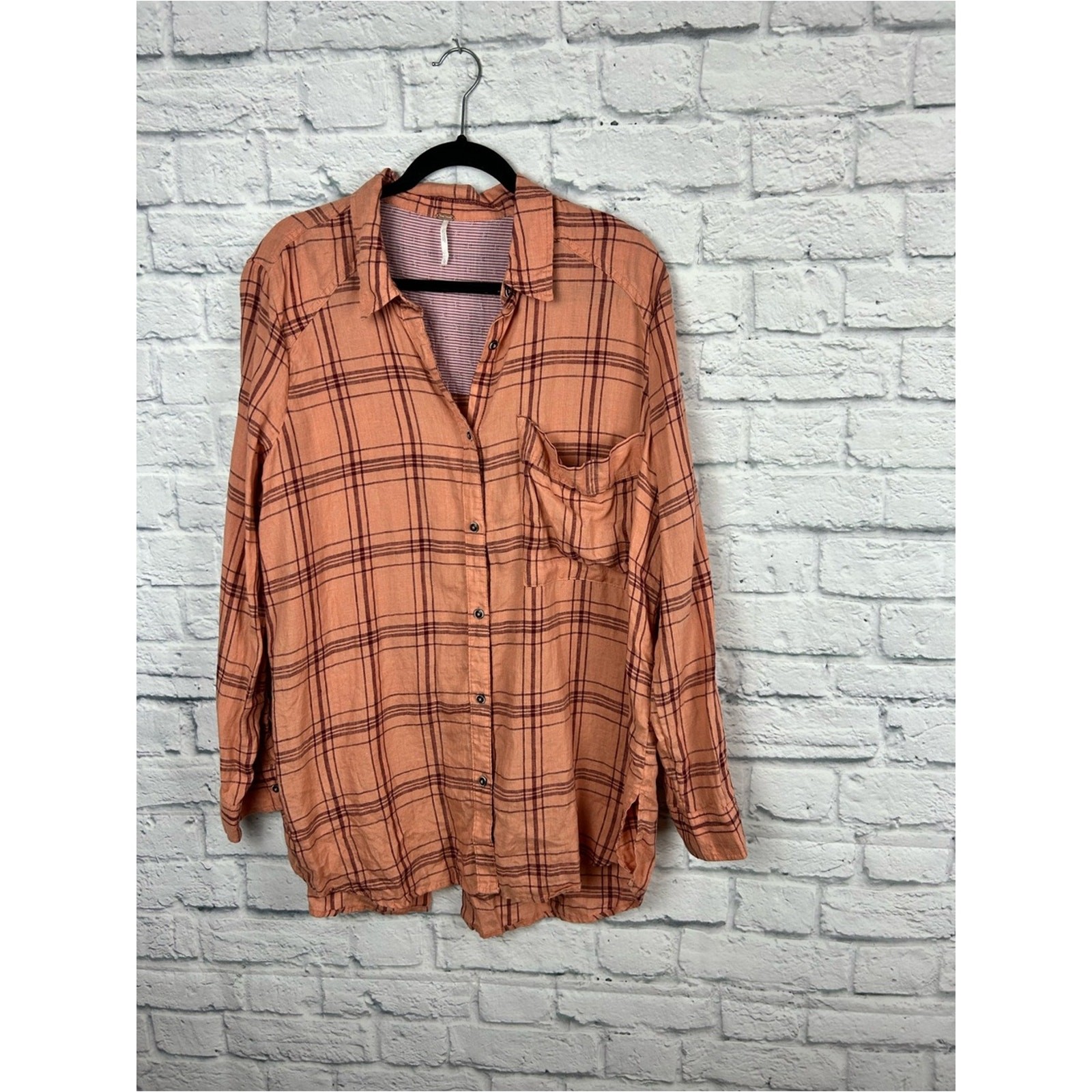 Free People No Limits Plaid Linen Shirt L Peach Button Back Tunic Oversized