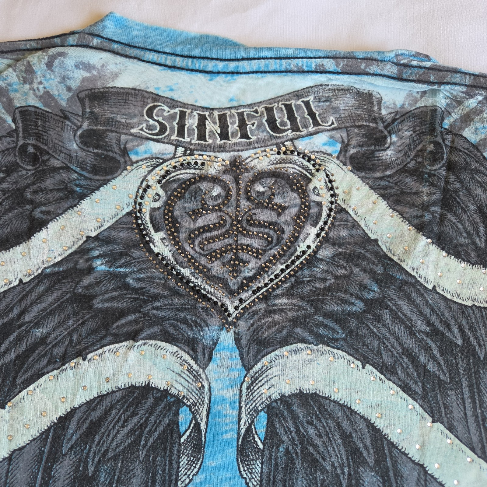 Sinful By Affliction Monterrey S Blue Y2K Grunge Gothic V-Neck Graphic T-Shirt