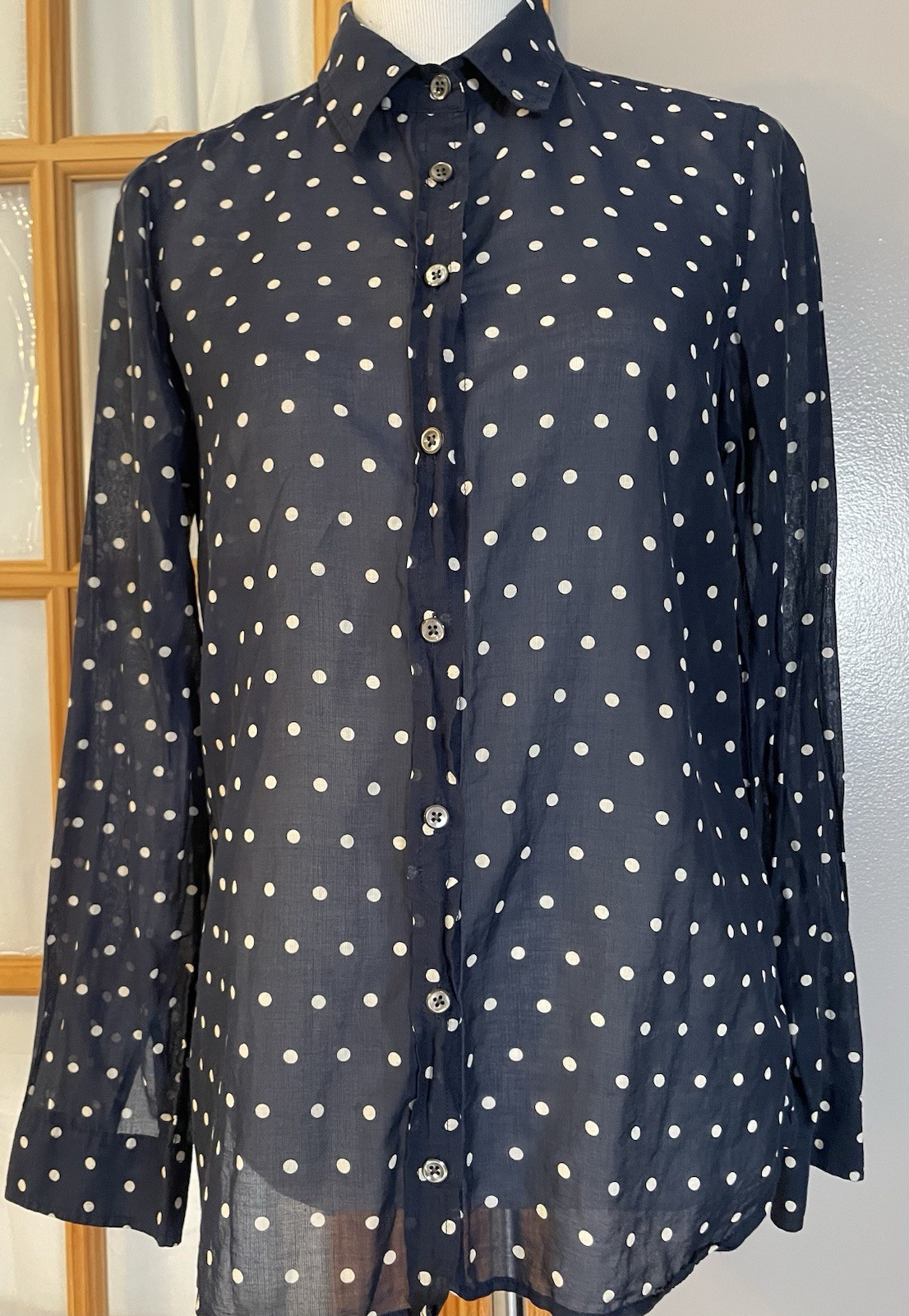 J Crew Polka Dots Button Shirt Sz 8 Navy White Cotton Sheer Long Sleeve Classic